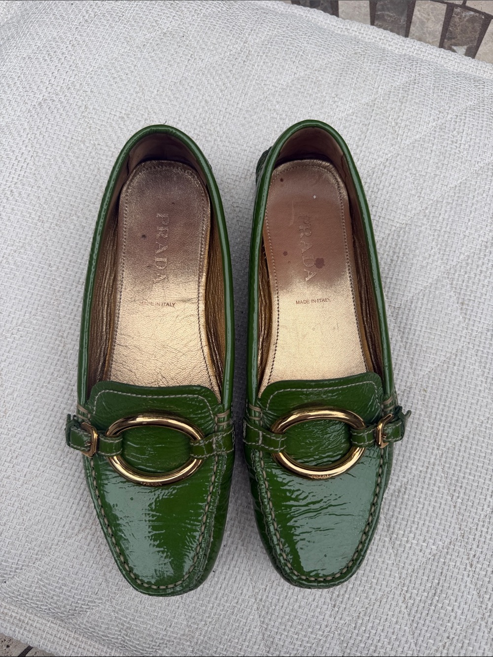 Prada Green Patent Leather Loafers with Gold Ring Hardware